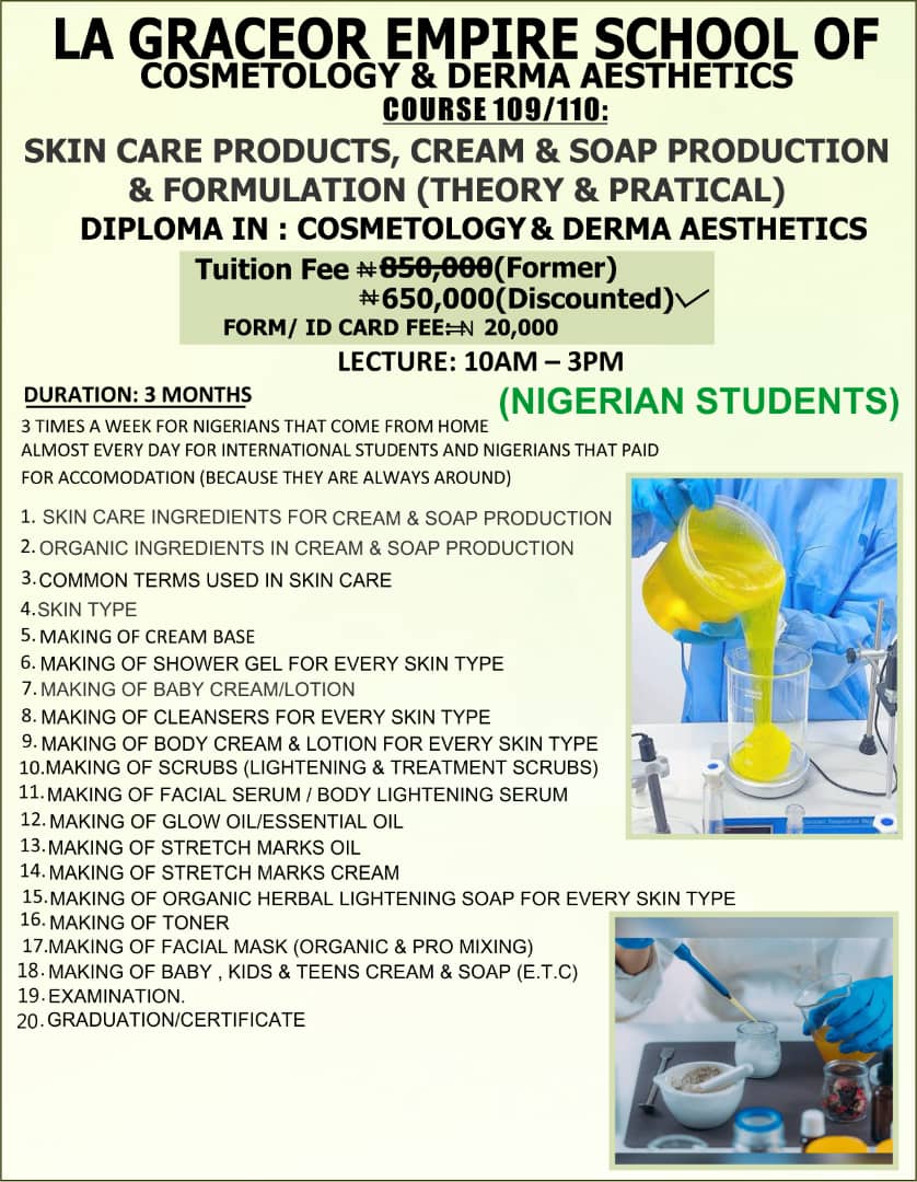 Course 109/110: Skin Care Products, Cream & Soap Production & Formulation